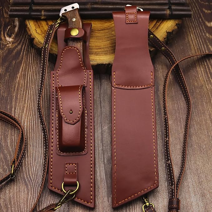 WPKOPYA Fixed Blade Outdoor Knife &ampLeather sheath single shoulder strapDC53 Steel Full Tang 6.6” Sharp Blade Wooden Handle 13.6” Tactical Survival Knife for Camping Hiking Bushcraft Cooking