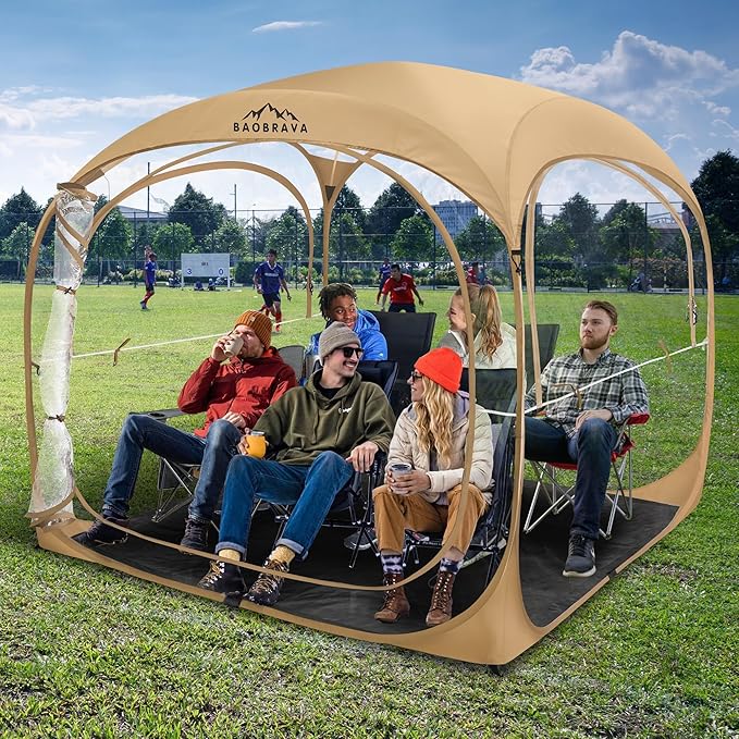 Baobrava Pop Up Sports Tent - Thick PVC Scratch-Resistant Bubble Clear Tent Instant Weather Proof Pod with Extra Top Cover for Soccer Football Games Outdoor Events 5-6 Person