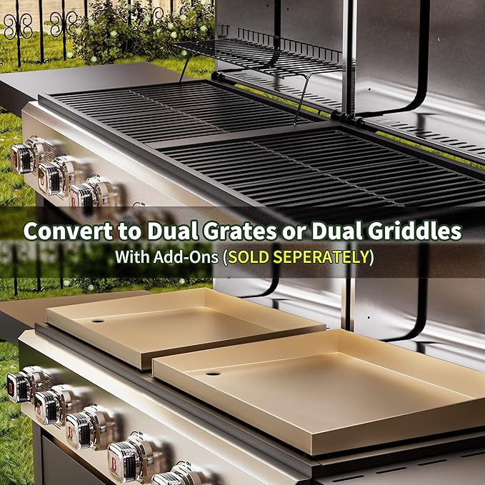 Brand-Man Griddle Grill Combo 6-Burner 2 in 1 Versatile Propane Gas Grill and Griddle with Double Stainless Steel Lids BBQ Combo for Outdoor Kitchen &amp Backyard Barbecue Cooking