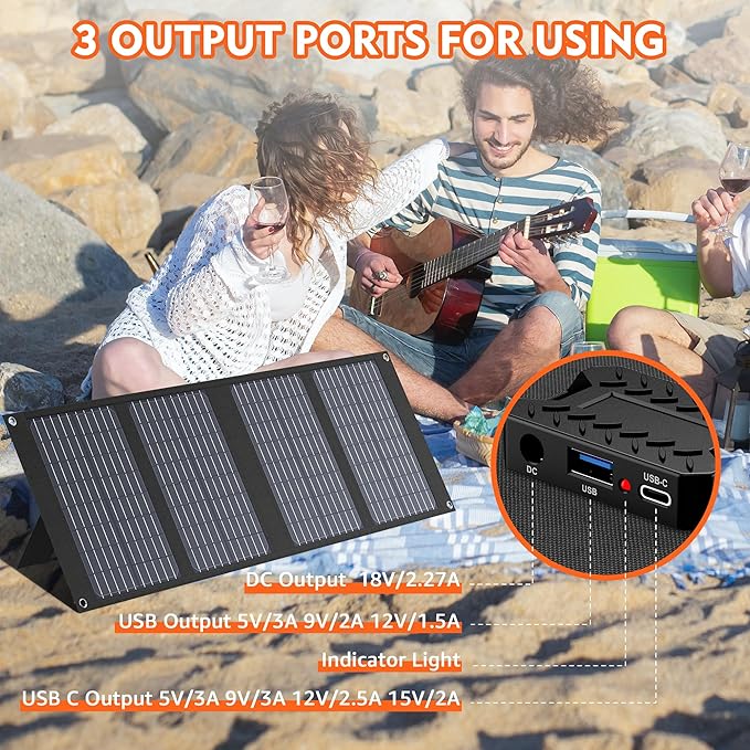Apowking Portable Solar Panels 40W Foldable Solar Panel Charger for 100-300W Portable Power Station with Adjustable Kickstands DC 18V Output USB 3.0 and Type-C Ports for Camping Van RV Trip