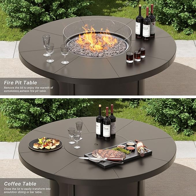 7 Piece Metal Outdoor Patio Furniture Set with 48/55000 BTU Round Fire Pit TableOutdoor Dining Table Set 6 Swivel Chairs No-Slip Cushions and Waterproof CoversNavy