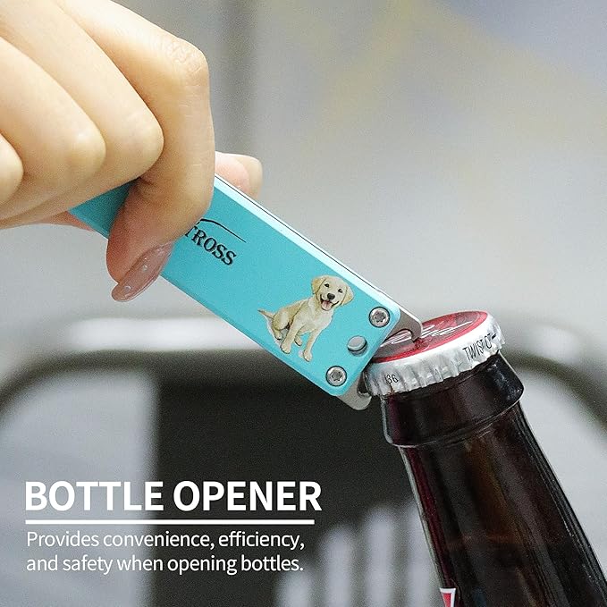 ALBATROSS Blue Damascus Cute Dog Pattern Pocket Knife - Stocking Stuffer for Men 3.5 Titanium Alloy Box Cutter - EDC Keychain Gadgets with Bottle Opener Mothers Day Fathers Day Gift for Dog Lovers
