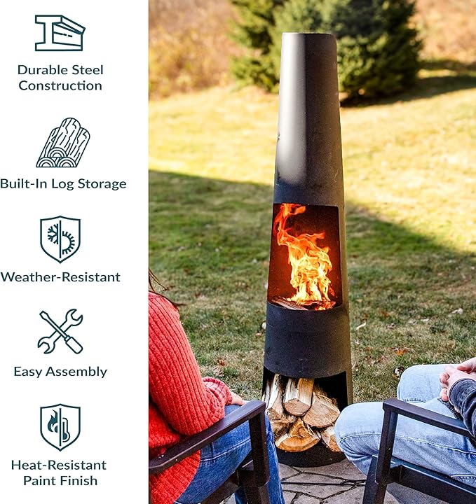 Sunnydaze 59-Inch Steel Chiminea Outdoor Fire Pit with Built-in Log Holder - Chiminea Outdoor Fireplace - Includes Poker