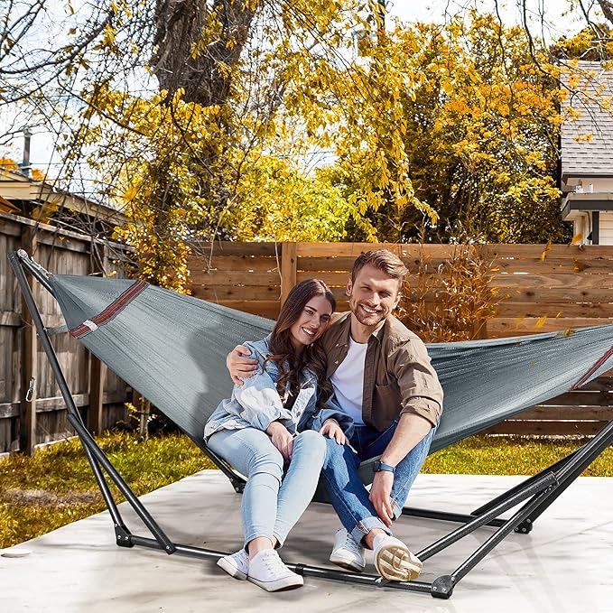 Tranquillo Adjustable Hammock Stand 600 lbs Capacity Collapsible Camping Hammock and Stand Double Hammock with Stand for 2 Persons Quick &amp Easy Assembly Garden Yard Patio Lawn Grey