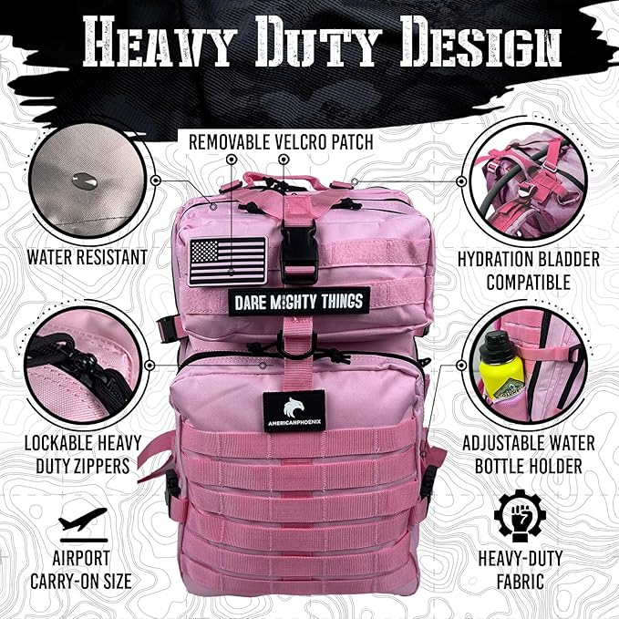 AMERICANPHOENIX 45L Elite Tactical Backpack | 3X Stronger Work &amp Military Backpack | Water Resistant and Heavy Duty | 3 Day MOLLE Bug Out Bag (Rose Pink)