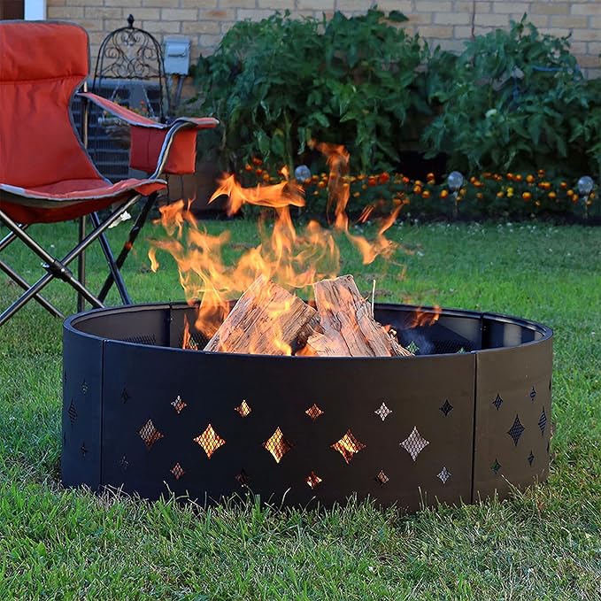 Sunnydaze 36-Inch Outdoor Fire Pit Ring with Poker - Round Heavy-Duty Steel Fire Ring for Camping or Backyard - Diamond - 10 H