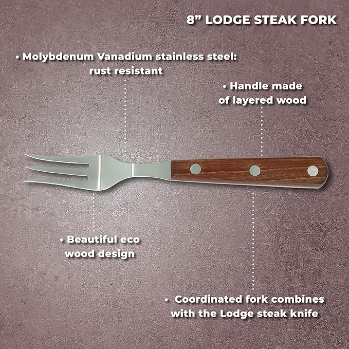 Lodge Steak Knife &amp Fork Set – Serrated Blade – Molybdenum Vanadium Stainless Steel - Layered Oak Wood Handle - Excellent choice for informal or formal BBQs - Set includes 1 Knife &amp 1 Fork