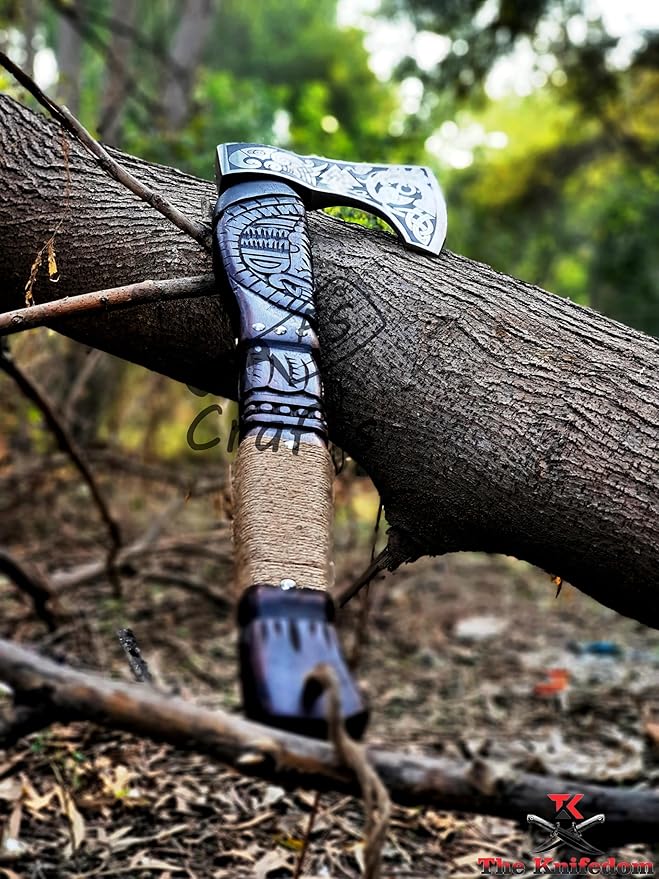 FS Crafts 21 Custom Handmade Carbon Steel Viking Axe Hand Forged Outdoor Hunting Camping Norse Axe Hatchet Bearded Dane Axe Ragnar Engraved Handle with Leather Sheath AXE003FR