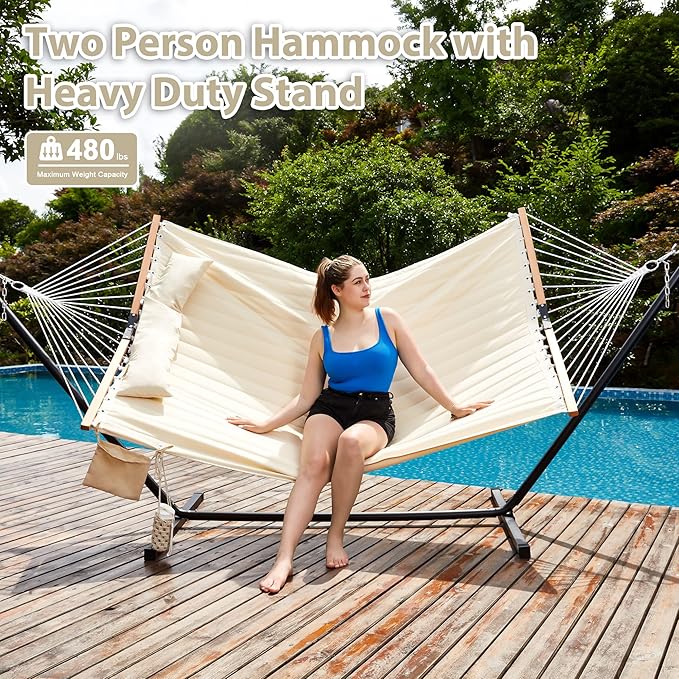 Homgava Two Person Hammock with Stand for Outside Heavy Duty Outdoor Patio Hammock with Portable Steel Stand Large Double Hammocks480lbs Capacity.(Off White)