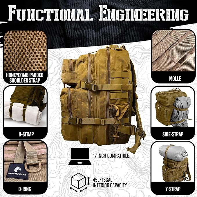 AMERICANPHOENIX 45L Elite Tactical Backpack | 3X Stronger Work &amp Military Backpack | Water Resistant and Heavy Duty | 3 Day MOLLE Bug Out Bag (Dune Brown)