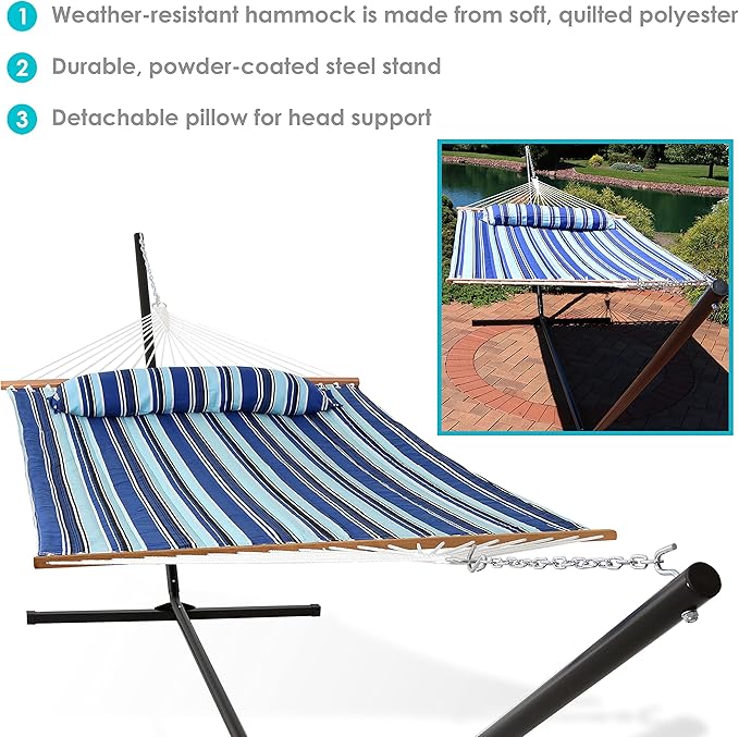 Sunnydaze Quilted Double Hammock with Stand for Outside - 400-Pound Capacity 2-Person Hammock with Stand - 15-Foot Stand - Catalina Beach