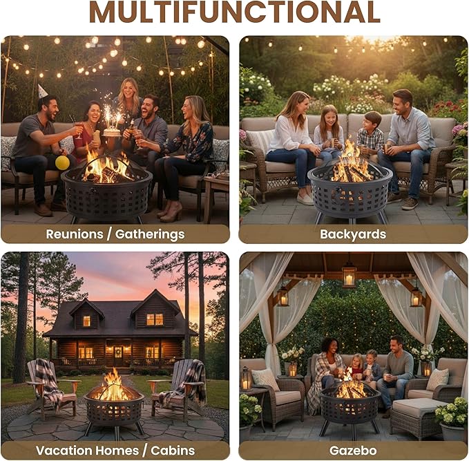 Outdoor Fire Pit - 26-Inch Round Lattice Wood Burning Firepit with Screen Poker Grate and Cover - Wood Fire Pits &amp Outdoor Fireplaces by Pure Garden