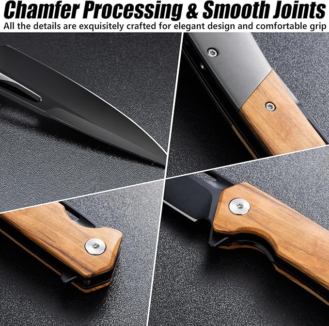 FLISSA Folding Pocket Knife Set SANDVIK 14C28N Steel Blade Knife Olive Wood-Steel Handle and Micarta-Steel Handle Pocket Clip and Thumb Hole for EDC Camping Hiking Outdoor