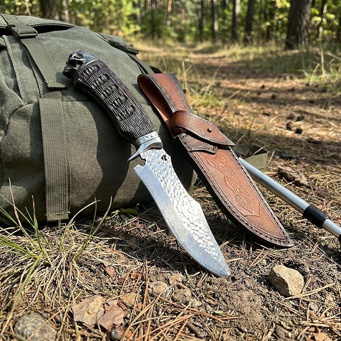 12.7 Mirror Polished Fixed Blade Survival Knife with Genuine Leather Sheath - High Hardness Stainless Steel Outdoor Knife - Artisan Resin Handle Utility Tool for Camping Hiking &amp Bushcraft