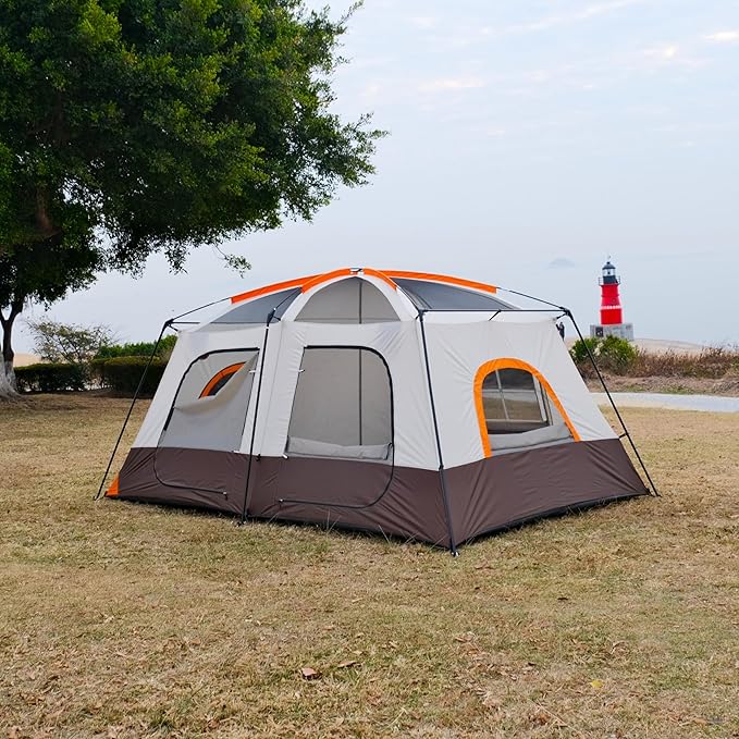 KTT Large Tent 6-8-10-12 PersonFamily Cabin Tents2 Rooms2 Doors and 4 Windows with MeshStraight WallWaterproofDouble LayerBig Tents for OutdoorPicnicCampingFamily Gathering
