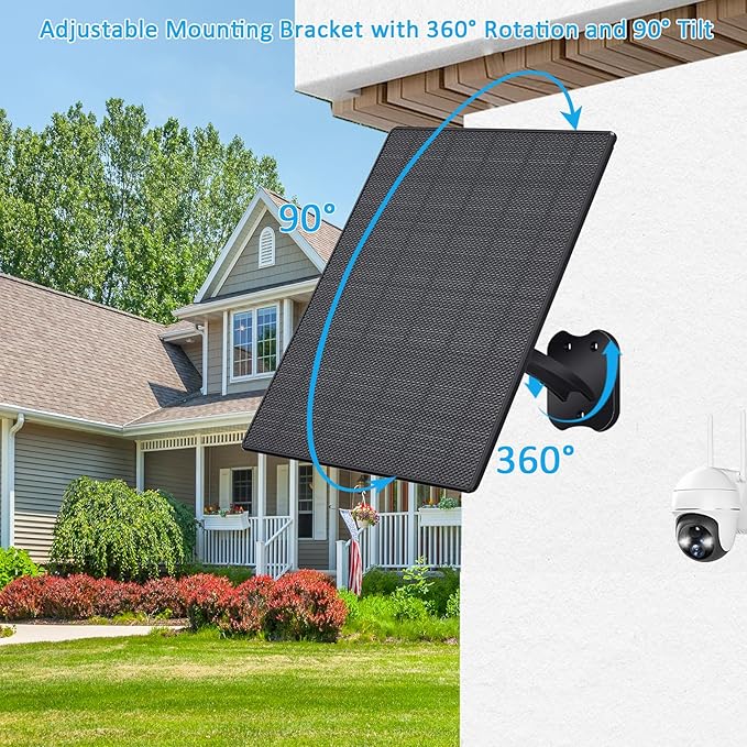 10W Solar Panel for Security Cameras 5V Outdoor Camera Solar Panel with USB-C Cable DC 5.5x2.1mm &amp Micro USB Port IP66 Waterproof with Adjustable Mount &amp 10FT Cable