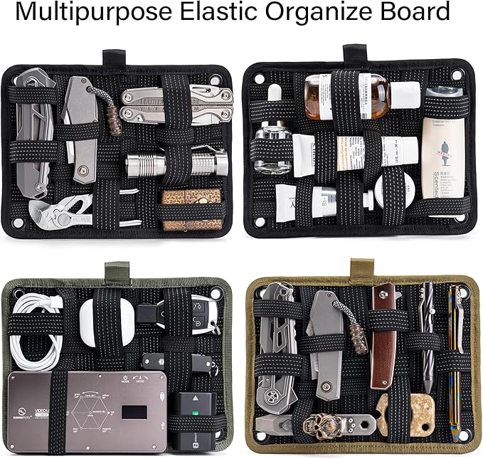 TACTICAL_GEEK TCM EDC Organizer Board Backpack Anti-Slip Elastic Woven Board for Travel Gear Elastic Grid Organizer for Electronics Accessories Travel Cables Chargers and More Black