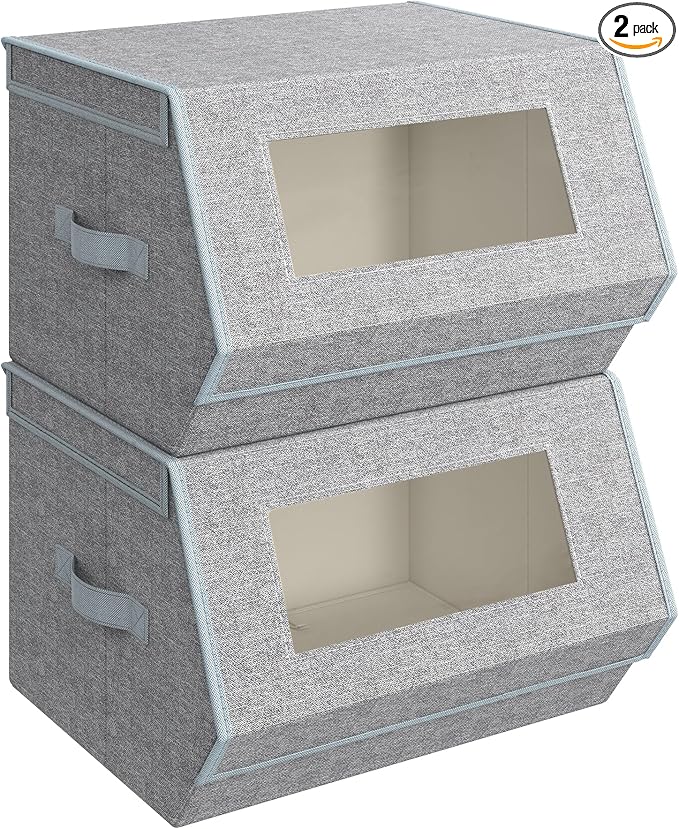 SONGMICS Stackable Storage Bins Set of 2 Storage Boxes with Lids and Front Windows Non-Woven Fabric Closet Organizers with Magnetic Closures Side Handles Dove Gray URLB002W01