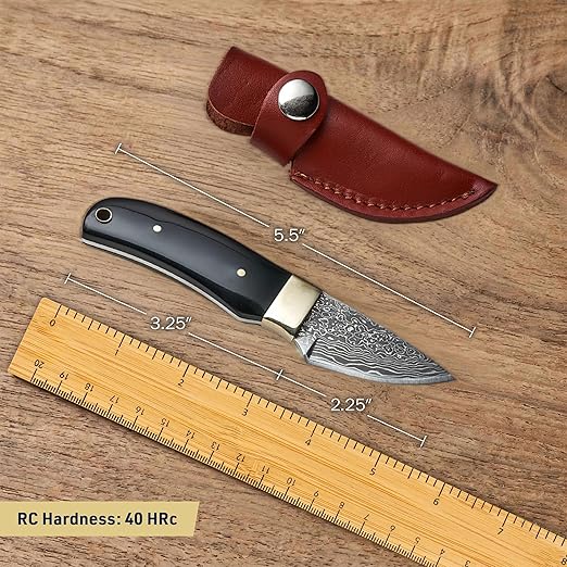 Kings County Tools Damascus Knife 5.5” Small Full Tang Fixed Blade Knife with Sheath - 2.25” Damascus Steel Blade Leather Sheath with Belt Loop - Skinning Bushcraft Camping or EDC Gifts for Men