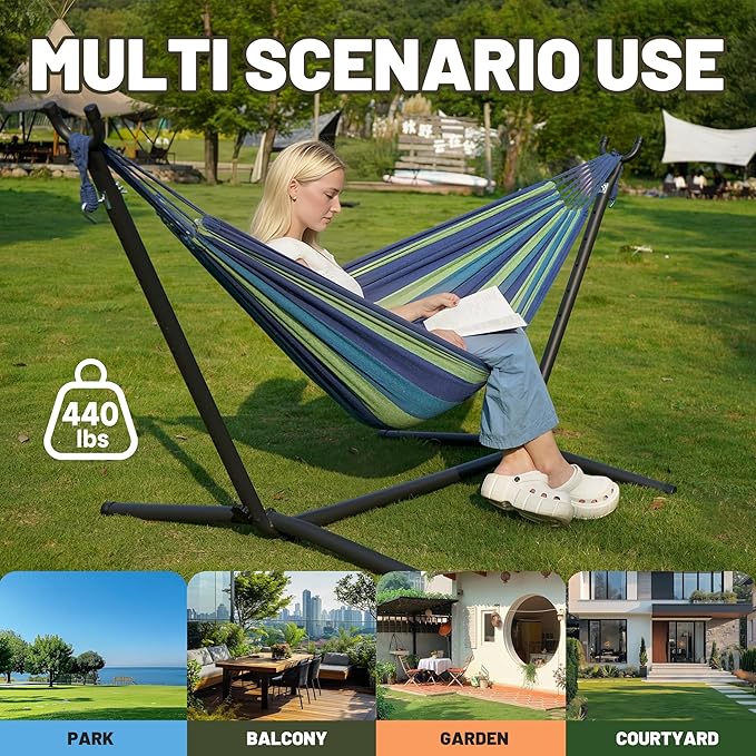 Hammock with Heavy-Duty Steel Stand for OutsideHammocks 450 Lb CapacityPortable Hammock2 People Standing HammocksSuitable for BeachBackyard Gardens Patio Bedroom100 * 40 * 38 Inch (Blue)