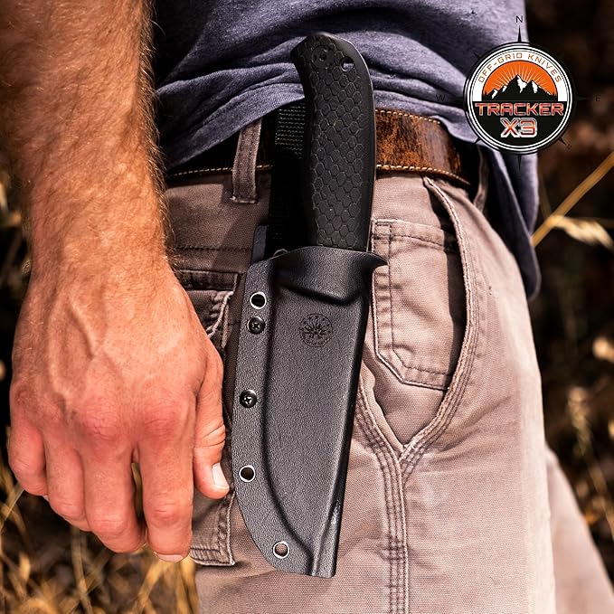 Off-Grid Knives - TRACKER-X3 Fixed Blade Knife Cryo D2 Blade Steel G10 Scales Kydex Sheath OG Lo-Pro Belt Attachment Camping Bushcraft Hunting Survival (Blackout)