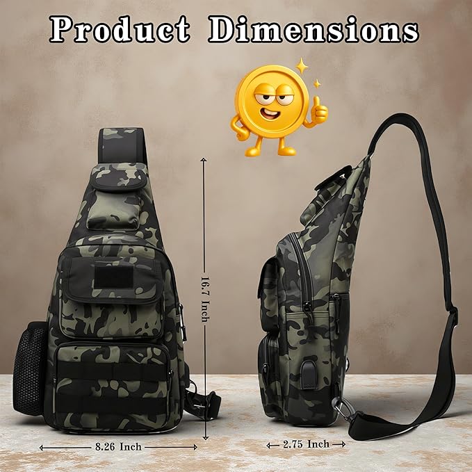 1000D Molle Tactical Shoulder Bag for Men - Military Chest Pack Outdoor Daypack for EDC Hiking &amp Daily Carry (Black)
