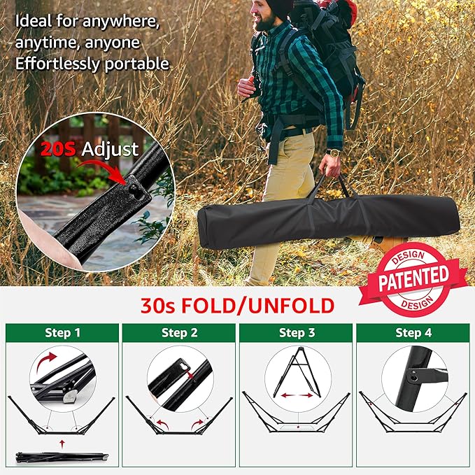 Tranquillo Unity Adjustable Hammock Stand Collapsible Camping Hammock and Stand 800 lbs Capacity Steel Double Hammock Stand for 2 Persons Steel Frame - Black