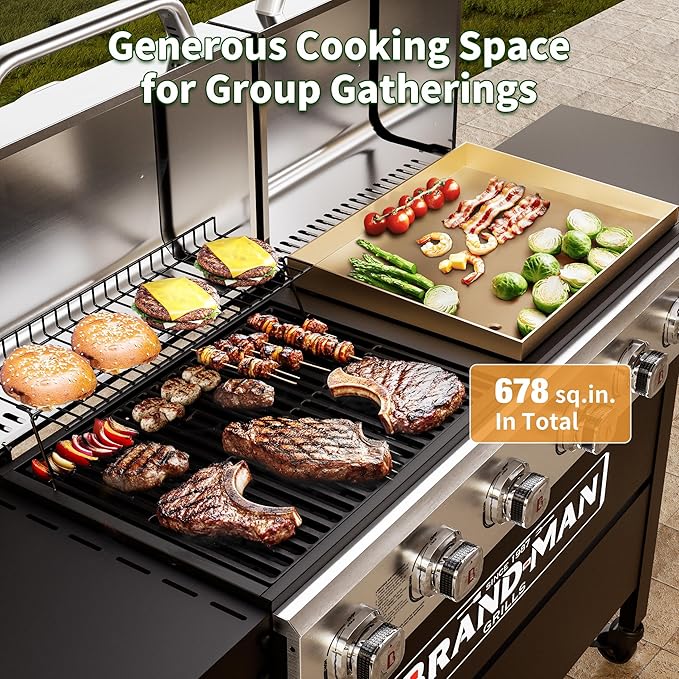 Brand-Man Griddle Grill Combo 6-Burner 2 in 1 Versatile Propane Gas Grill and Griddle with Double Stainless Steel Lids BBQ Combo for Outdoor Kitchen &amp Backyard Barbecue Cooking