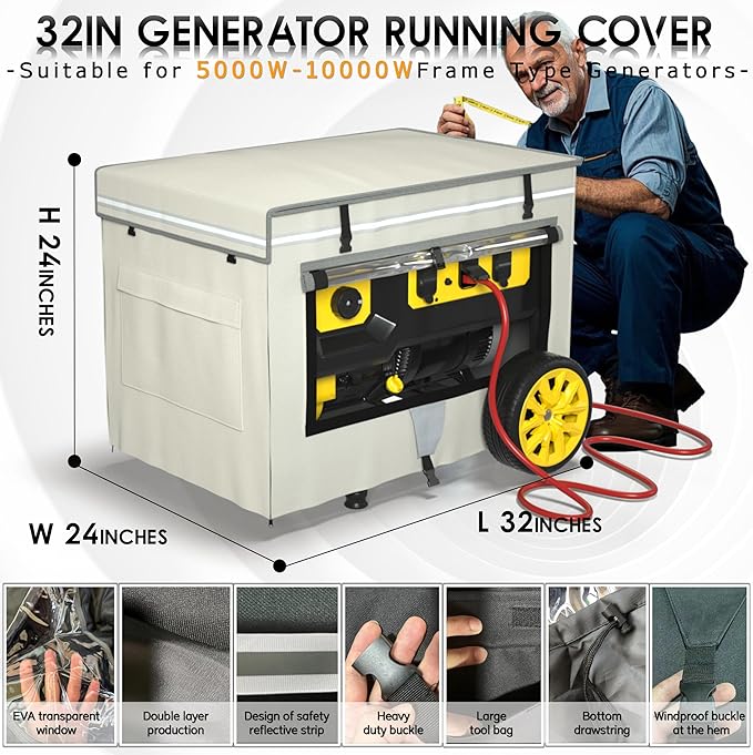 Generator Covers While Running 32x24x24 Inches1680+400D Double Layer Portable Heavy Duty Dustproof/Waterproof Generator Covers for 5000W-10000W Frame Generators Beige
