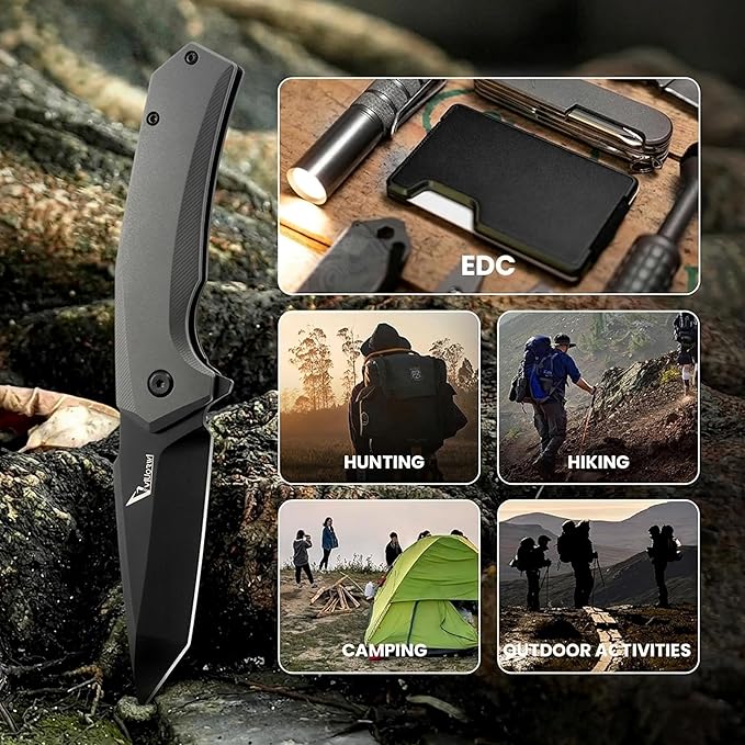 Tactical Pocket Knife - EDC Folding Knife with 440C Stainless Steel Tanto Blade Black Coated Gray Aluminum Handle Liner Lock &amp Deep Carry Clip for Men Outdoor Survival Camping Valentine's Gi