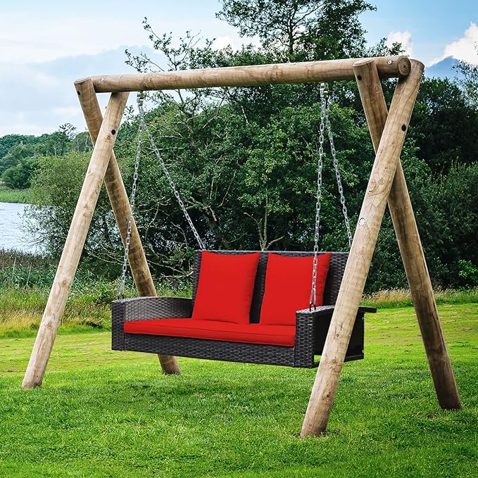 Tangkula 2-Person Wicker Porch Swing Patiojoy Outdoor Rattan Hanging Swing Bench W/ 2 Back Cushions &amp 1 Seat Cushion Sturdy Steel Chain 800lbs Weight Capacity