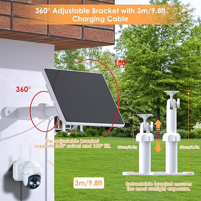 Solar Panel for Security Camera6W Solar Panels with Micro USB&ampUSB-C Port for DC 5V Outdoor CameraSolar Charger for Rechargeable Battery CameraIP65 Waterproof360° Adjustable Mount9.8ft Cable (