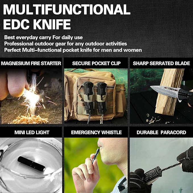 Father's Day Memorial Day &amp Birthday Gift for Him Damascus Pocket Knife Gift for Men Boyfriend Husband Father Veterans – Folding Knife with Fire Starter Whistle LED Light Serrated Blade f