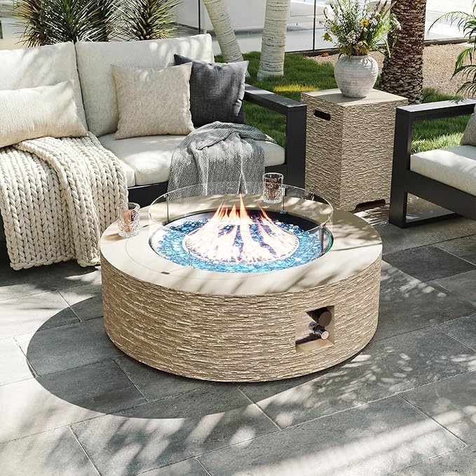 UPHA 42-inch Outdoor Propane Gas Fire Pit Table 50000 BTU Concrete Round FirePit for Outside Patio with Propane Tank Cover Wind Guard Blue Glass Rocks Rain Cover Beige