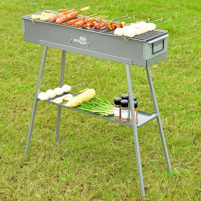 WILLBBQ Charcoal Grills Commercial Quality Portable Hibachi BBQ Lamb Skewer Detachable‌ Camping Barbecue Grill for Backyard Outdoor Cooking Use(31.6x7.1x5.1 inch)
