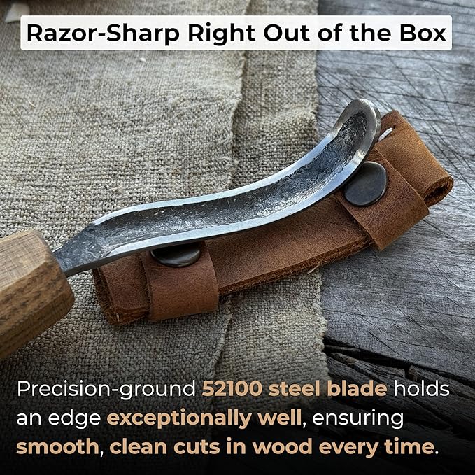 Sharky Spoon Carving Hook Knife with Long Curved Blade 2.7 in (7 cm) – Ergonomic Ash Wood Handle and Protective Leather Sheath for Precise Woodworking and Bowl Carving