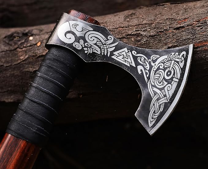 Viking Axe | 18 Carbon Steel Throwing Hatchet with Ash Wood Handle &amp Leather Sheath | Etched Norse Design Functional &amp Collectible Gift(WCA-017)