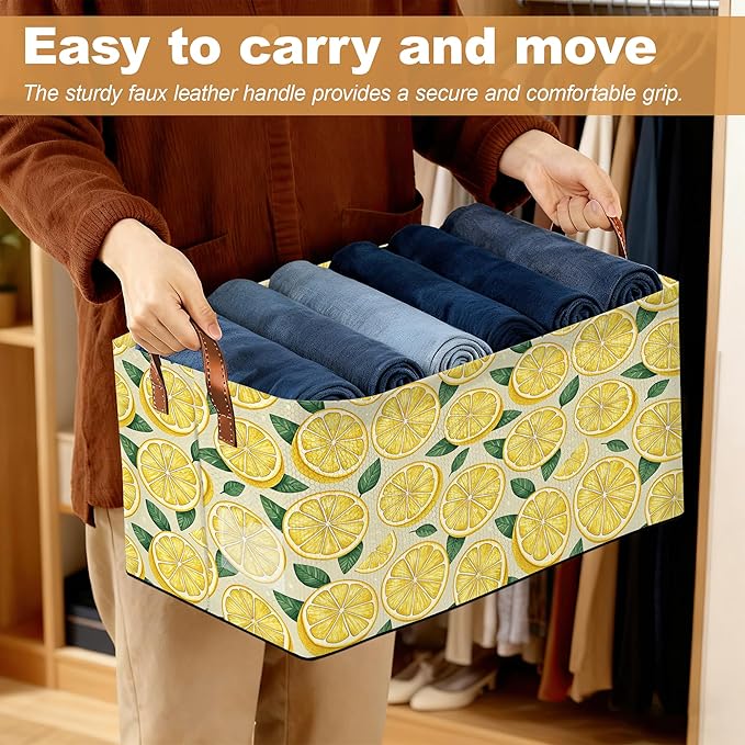 Lemon Storage Bin with Handles Basket Storage Organizer for Shelves Closet Nursery Book Laundry Hamper &amp Home Decor