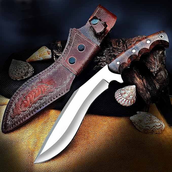 Kukri Survival Knife with Sheath 15 Full Tang Fixed Blade Hunting Knife with Wood Handle for Survival and Bushcraft Outdoor Activities Camping Gifts for Men