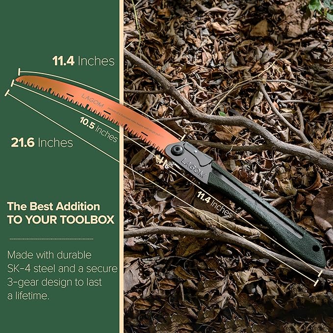 LAGOM Folding Camp Saw for Cutting Branches 11.4 Curved Blade | SK5 Steel Ergonomic Handle One-Hand Use Secure Lock | Foldable Pruning Tool for Camping Gardening Survival Kayaking Outdoors