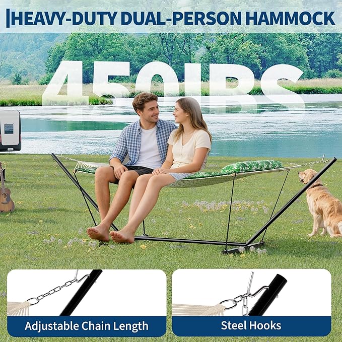 2-Person Hammock Suite with Stand450lbs Capacity 2 Person Cotton Rope Portable Hammock with Polyester Quilted Pad and Pillowfor Garden YardCamping and Patio.Green Banana Leaf Color