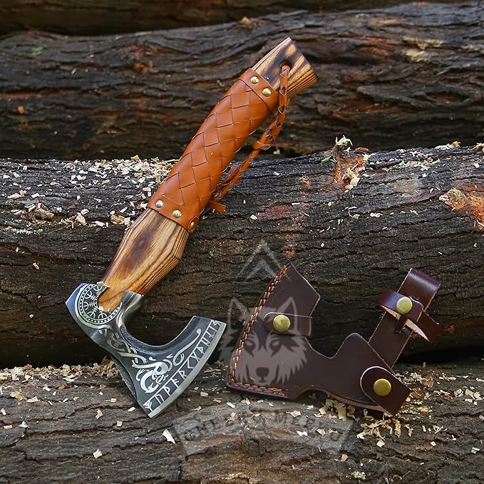 Custom Handmade Carbon Steel Real Viking Axe HatchetCamping Axe Birthday Gift for him Leather Wrapped Handle and Leather Sheath ((FM 20))