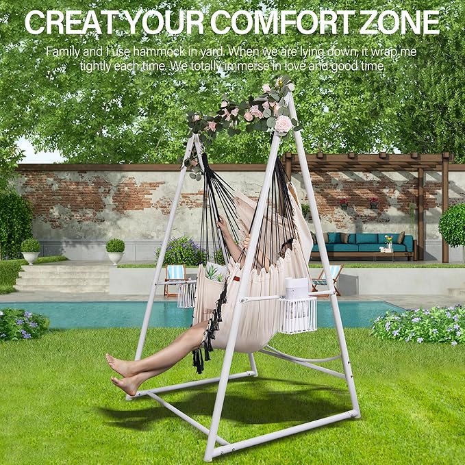 Hammock Chair Hanging Rope Swing &amp Stand Set with Two Holders Heavy Duty Hanging Stand with Three Hooks Multi-Use for Indoor Outdoor Patio Yard Garden(White &amp Khaki)