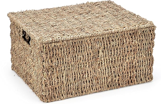 Trademark Innovations Set of 3 Rectangular Seagrass Baskets with Lids Natural (Small)