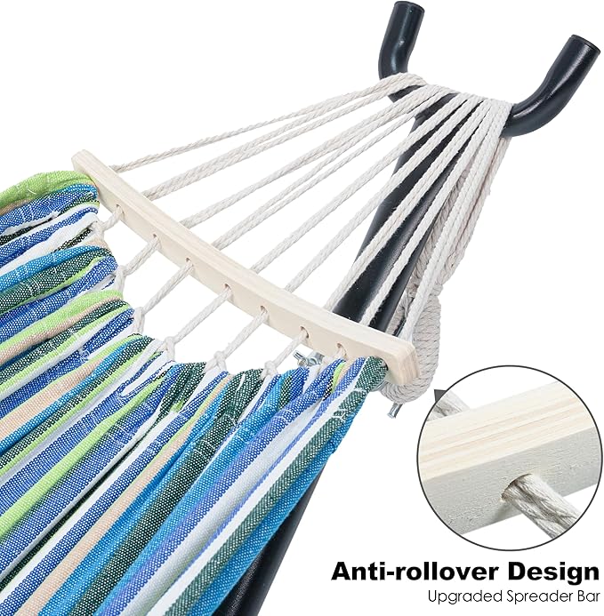 GAFETE Double Hammock with Stand for Outside Upgraded Spreader Bar Heavy Duty Space Saving Steel Stand 2 Person Convenient Pocket Easy Assembly 600lbs Weight Capacity Indoor &amp Outdoor (Garde