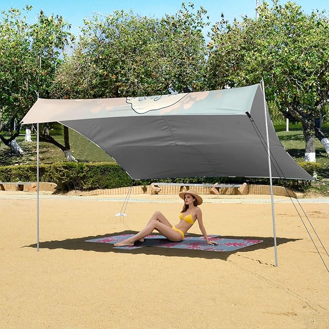 Waves Beach Canopy Sun Shelter with Sandbags &amp Sand Shovel &amp Windproof Ropes - Portable 110x126 Beach Shade Beach Tent for Camping Picnics