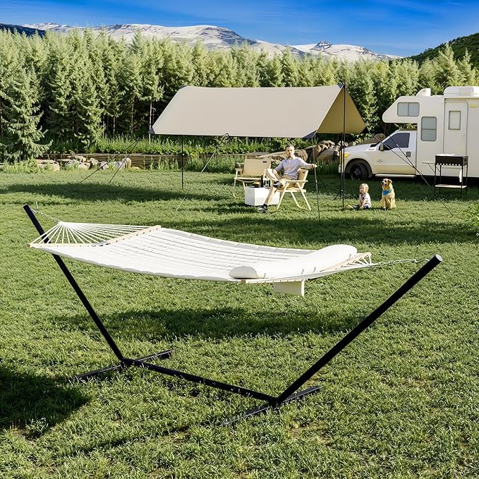 2-Person Hammock Set with Foldable Steel Stand – Backyard Retreat &amp Camping Must-Have (450Lb Weight Capacity UV-Protected + Carry Bag) White