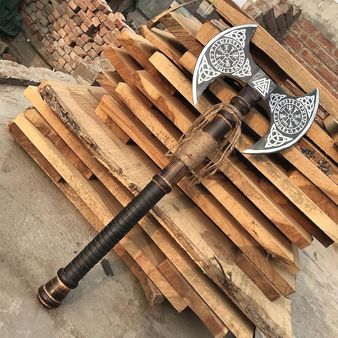 viking tools AxesFunctional Axe Bushcraft Axe Hatchet for Hunting Bearded Axe Double Head Axe Tool with Free Leather Sheath dd007 Black/Sliver (Viking Double Bit Axe)