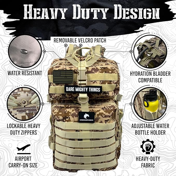 AMERICANPHOENIX 45L Elite Tactical Backpack | 3X Stronger Work &amp Military Backpack | Water Resistant and Heavy Duty | 3 Day MOLLE Bug Out Bag (Sand Storm)