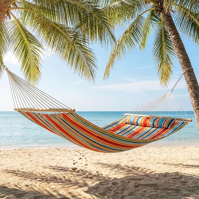 Sunnydaze Quilted Outdoor Hammock with Spreader Bars - Heavy-Duty 450-Pound Capacity Double Hammock for Outside - Caribbean Stripe